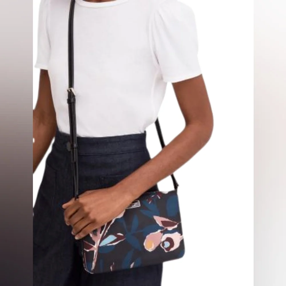 🐻KATE SPADE Dawn Paper Rose Triple Gusset Crossbody in Black Floral - Picture 3 of 16